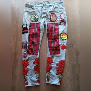 Plaid and Patch Embellished Jeans